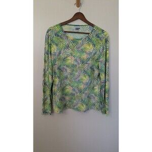 Lands End Womens Rash Guard Sz Large Swim Shirt Palm Leaves Tropical Long Sleeve